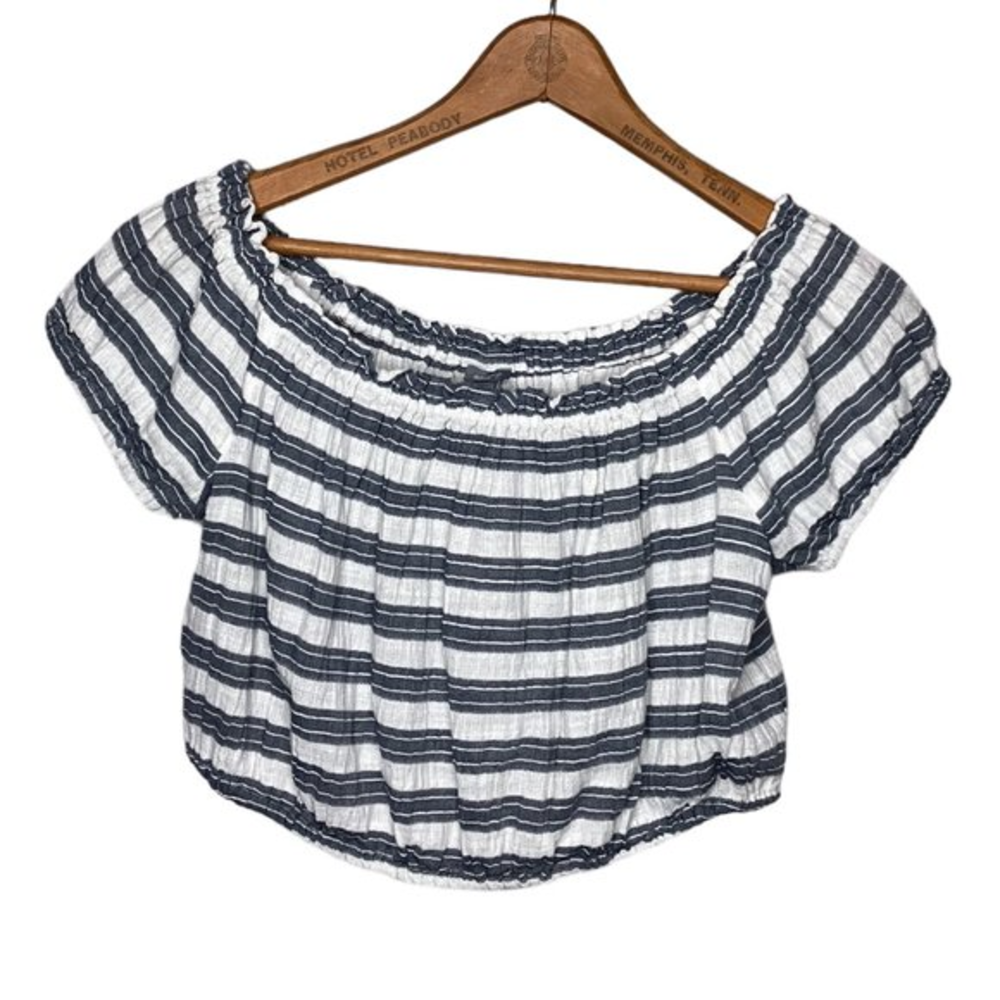 New Aerie Small S Blue White Striped Cotton Gauze‎ Milkmaid Peasant Crop Top